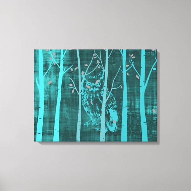 Lienzo Búho del bosque con textura Grunge azul (Anverso)