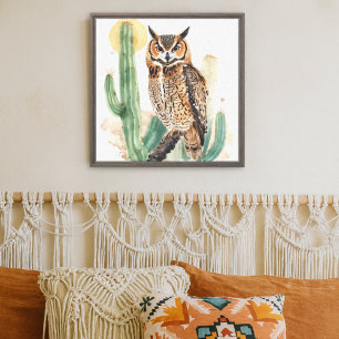 Lienzo Búho del Desierto del Suroeste con Cactus Saguaro