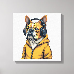 Lienzo Bulldog Antiguo con Auriculares con Capucha Música