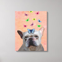 Bulldog blanco francés y mariposas
