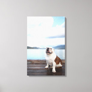 Lienzo bulldog feliz que se sienta en cubierta cerca del