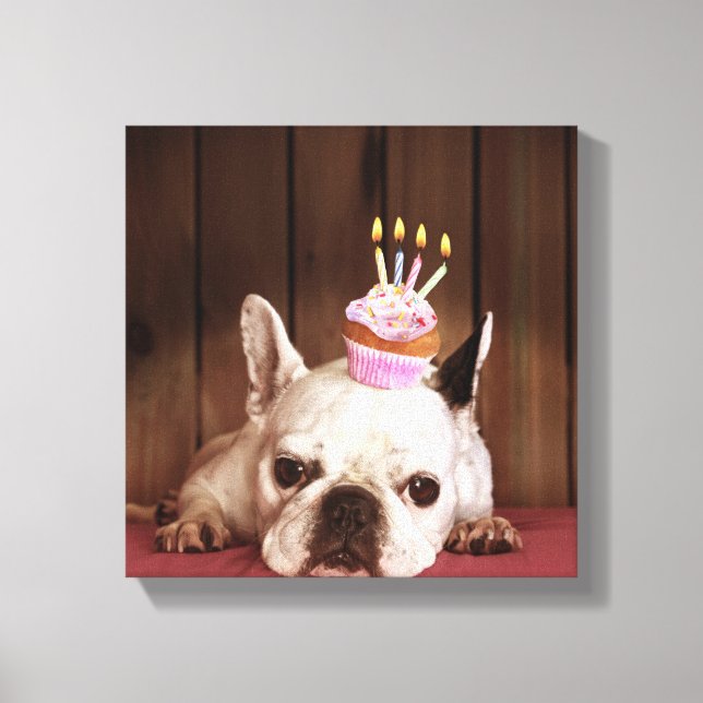 Lienzo Bulldog Francés Con Pastel De Cumpleaños (Anverso)