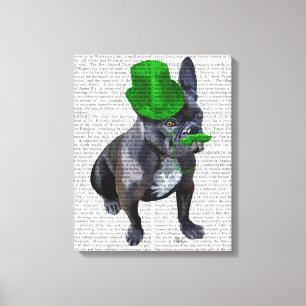 Lienzo Bulldog francés con sombrero verde y bigote