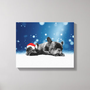 Lienzo Bulldog francés navidades Cachorros nieve sombrero