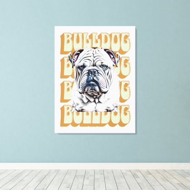 Lienzo Bulldog inglés con fuente retro (Insitu (piso de madera))