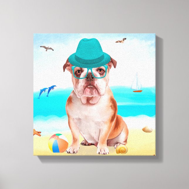 Lienzo Bulldog inglés en la playa (Anverso)