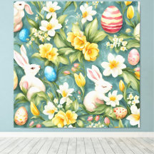 Bunnies, flores de primavera y huevos de Pascua. P