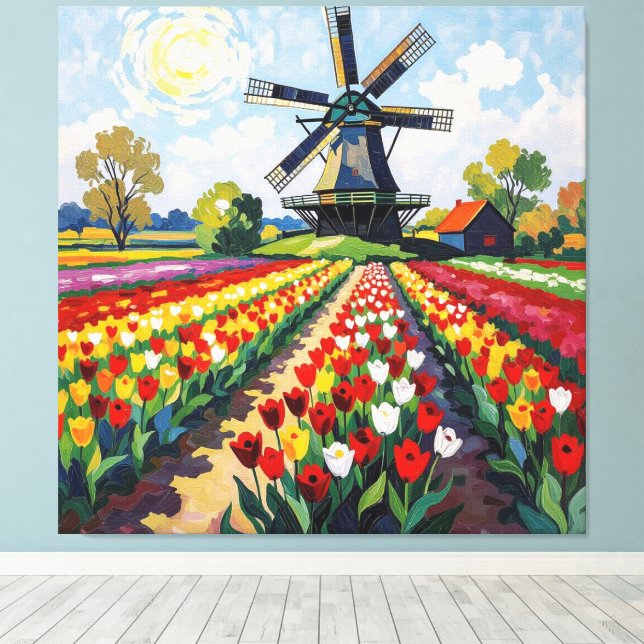 Lienzo Bunte Frühlingswiese mit Windmühle (Insitu (piso de madera))
