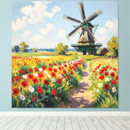 Lienzo Bunte Frühlingswiese mit Windmühle