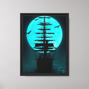 Lienzo Buque iluminado por luna y luna azul completa