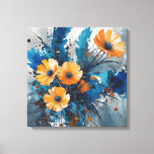 Lienzo Burst floral naranja con acuarela azul