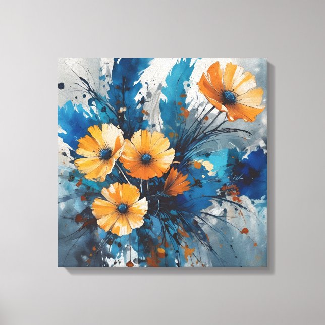 Lienzo Burst floral naranja con acuarela azul (Anverso)