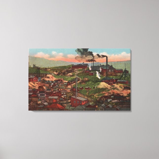 Lienzo Butte, MT - Vista de fábricas y casas en Hill (Anverso)