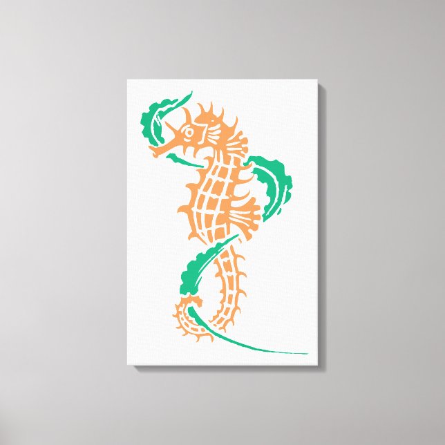 Lienzo Caballito de mar naranja, verde esmeralda y algas (Anverso)