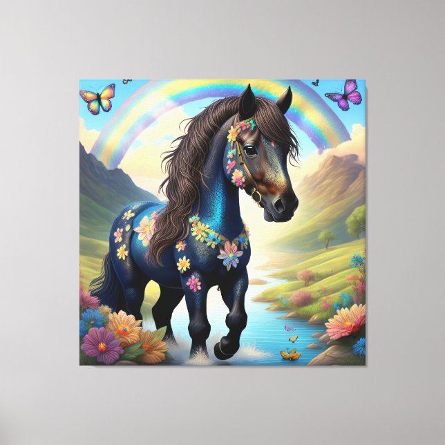 Lienzo Caballo, arcoiris, flores y mariposas (Anverso)