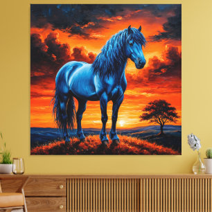 Lienzo Caballo Azul en una pintura de paisaje de puesta d