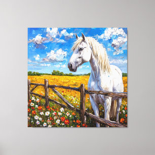 Lienzo Caballo blanco majestuoso parado junto a una cerca