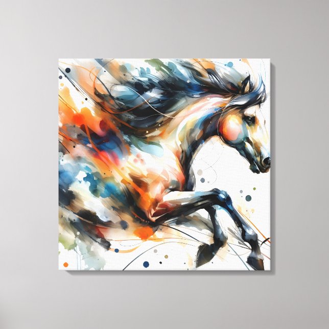 Lienzo Caballo corriendo acuarela abstracta (Anverso)