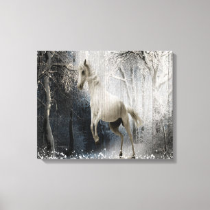 Lienzo Caballo de Invierno Blanco En Bosque De Montaña