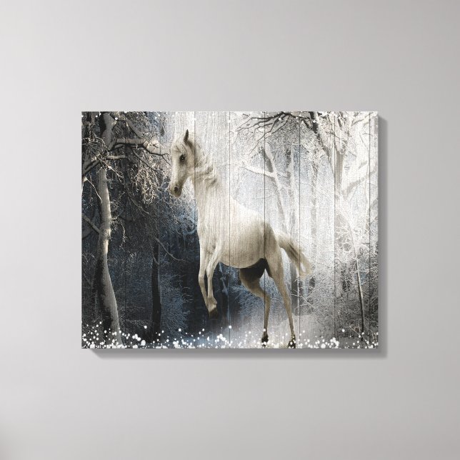 Lienzo Caballo de Invierno Blanco En Bosque De Montaña (Anverso)