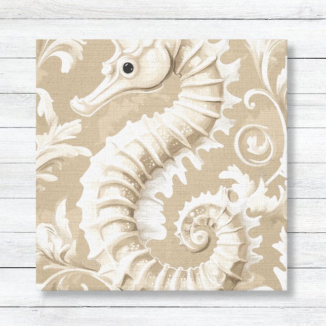 Lienzo Caballo de mar Taupe y costa floreciente (Taupe and White Seahorse and Flourishes Coastal Beach House Art - Bathroom Decor)