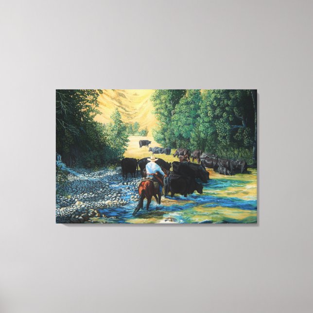 Lienzo Caballo de rancho y ganado de Angus conducción y r (Anverso)