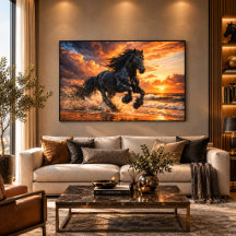 Caballo Friesian Negro en Puesta de Sol, Poderosa