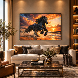 Lienzo Caballo Friesian Negro en Puesta de Sol, Poderosa