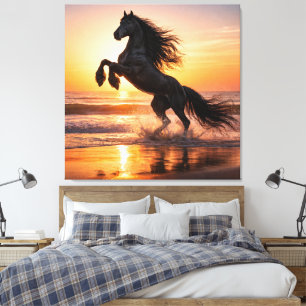 Lienzo Caballo Frisón Negro Majestuoso Puesta de Sol Océa