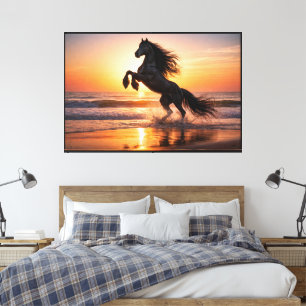 Lienzo Caballo Frisón Negro Majestuoso Puesta de Sol Océa