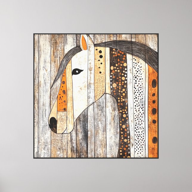 Lienzo Caballo geométrico boho de grano de madera rústico (Anverso)