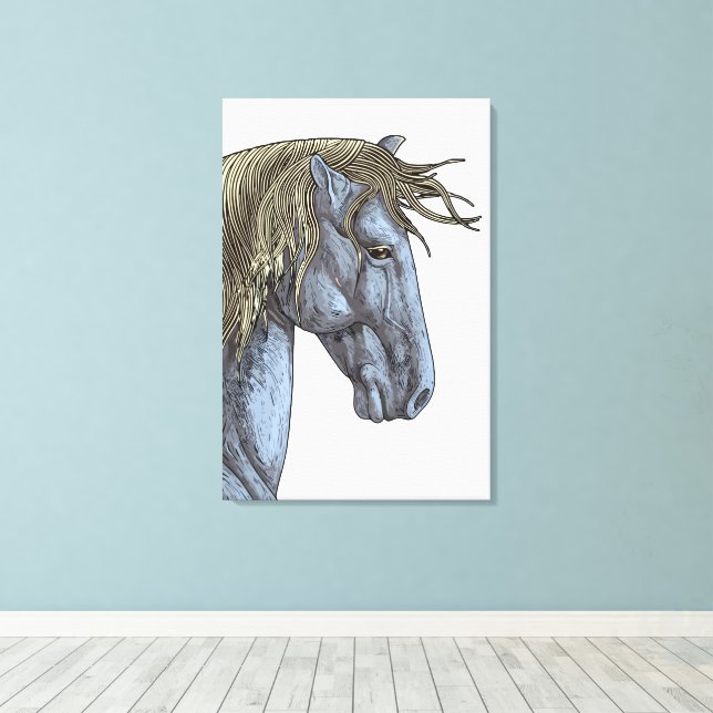 Lienzo Caballo gris majestuoso con maná flotante (Insitu (piso de madera))