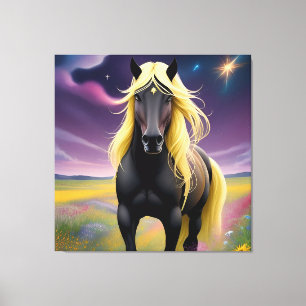 Lienzo Caballo negro majestuoso con melena dorada fluida
