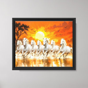 Lienzo Caballos Blancos Majestuosos en Amanecer Dorado
