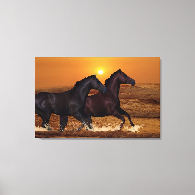 Lienzo Caballos corriendo al atardecer del océano (Anverso)