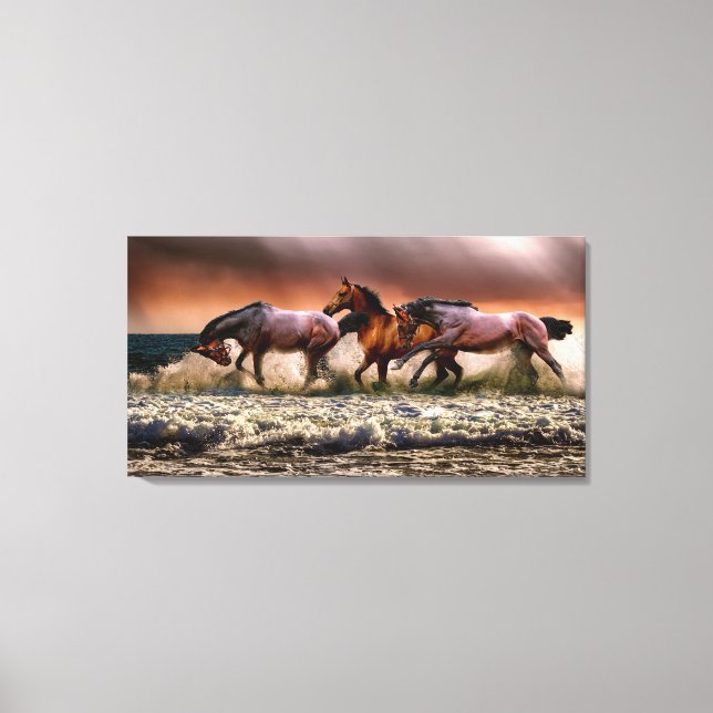 Lienzo Caballos corriendo en el Océano al atardecer (Anverso)