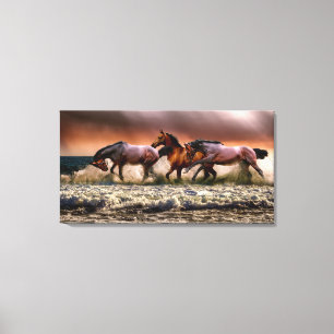 Lienzo Caballos corriendo en el Océano al atardecer