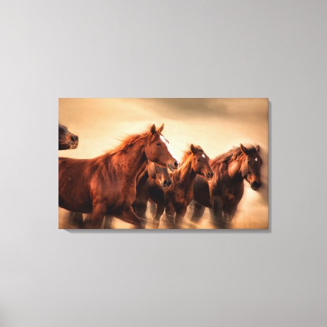 Lienzo Caballos en marcha, mangos borrosos y voladores (Anverso)