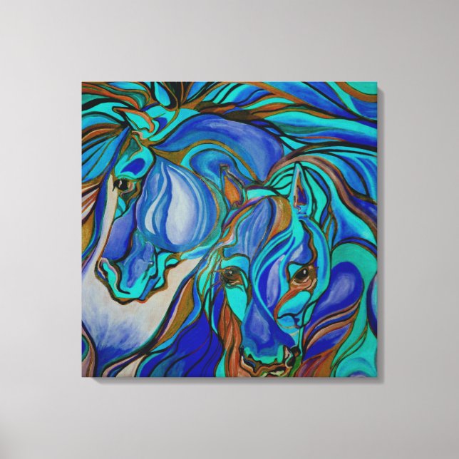 Lienzo Caballos salvajes en marrón y Verde azulado (Anverso)