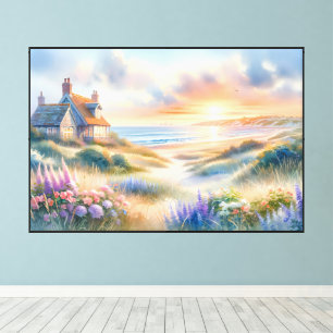 Lienzo Cabaña Costera Atardecer Dunas Acuarela