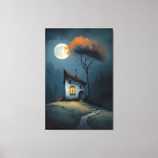 Lienzo Cabaña iluminada por la luna bajo el árbol de otoñ