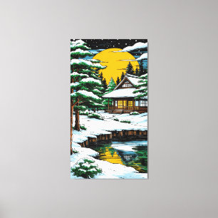 Lienzo Cabaña Japonesa Nevada Bajo la Puesta de Sol a la 