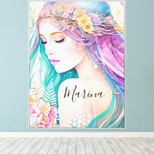 Lienzo Cabello de Sirena Floral Etéreo Rosa, Aqua y Lila