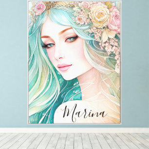 Lienzo Cabello de sirena floral etéreo rosa y turquesa
