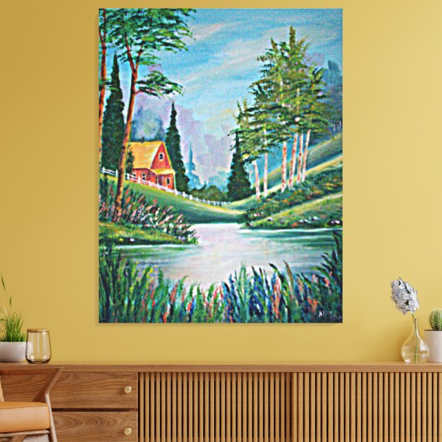Lienzo Cabin by the Stream Fine Art Painting Large (Insitu (Sala de estar))