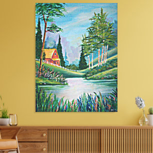 Lienzo Cabin by the Stream Fine Art Painting Large