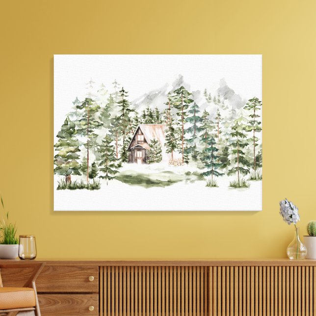 Lienzo Cabina acuarela en bosque de pinos verdes (Insitu (Sala de estar))