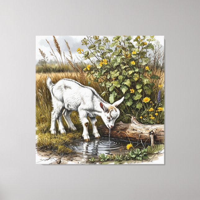 Lienzo Cabra joven bebiendo agua de un arroyo (Anverso)
