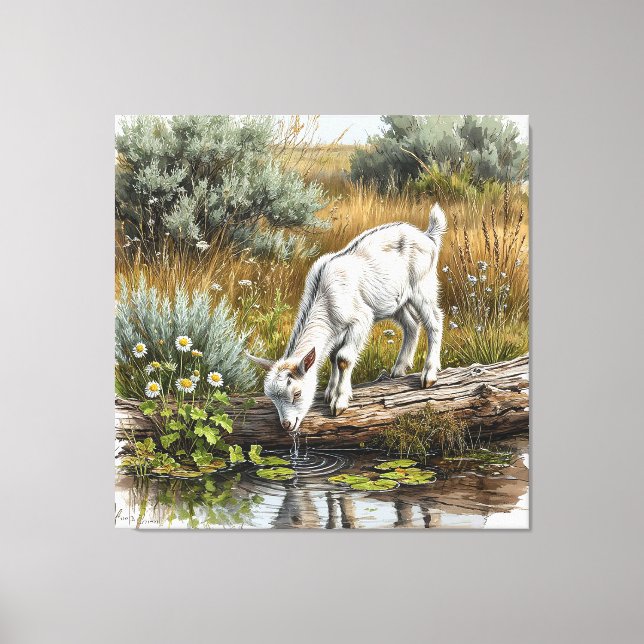 Lienzo Cabra joven bebiendo agua de un arroyo (Anverso)