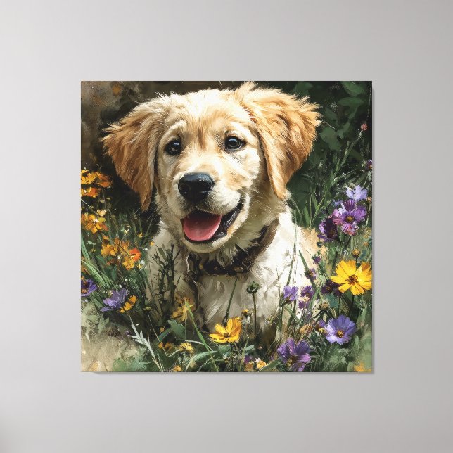 Lienzo Cachorro de Golden Retriever Pradera de Flores Sil (Anverso)